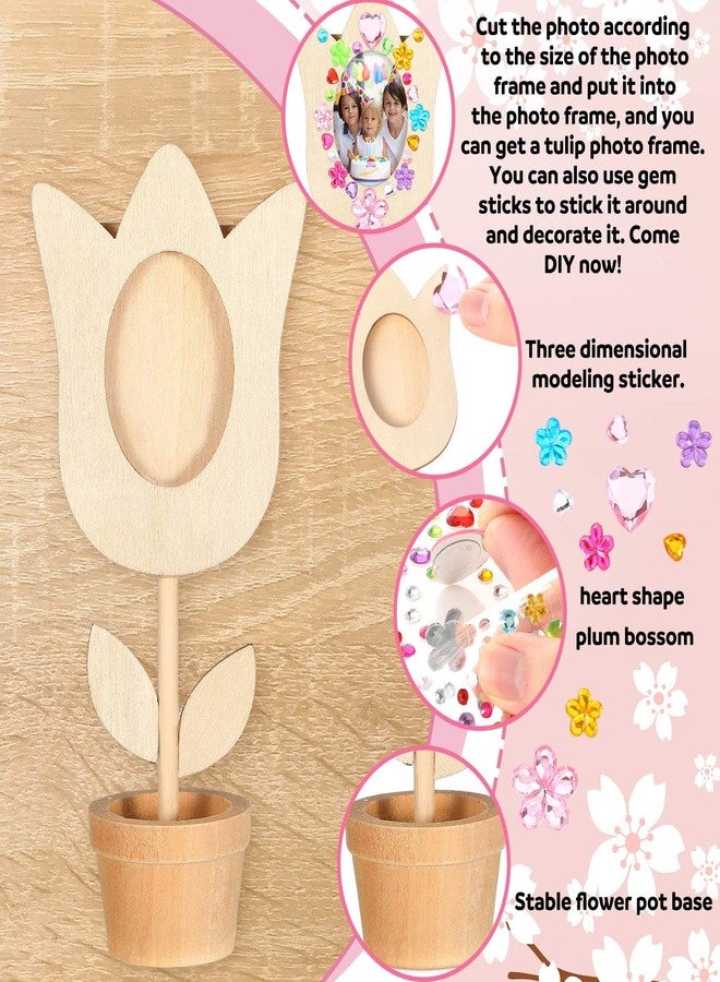 Tellingyou 18 Pcs Mothers Day Crafts Flower Picture Frame Craft Kit Spring Flower Pot DIY Wood Picture Frames with 2 Gems Stickers Gift for Family Kids(Tulip Shape) - Image 3